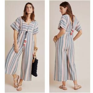 The Odells Anthropologie Monroe Striped Wide-Leg V-Neck Tasseled Jumpsuit - M
